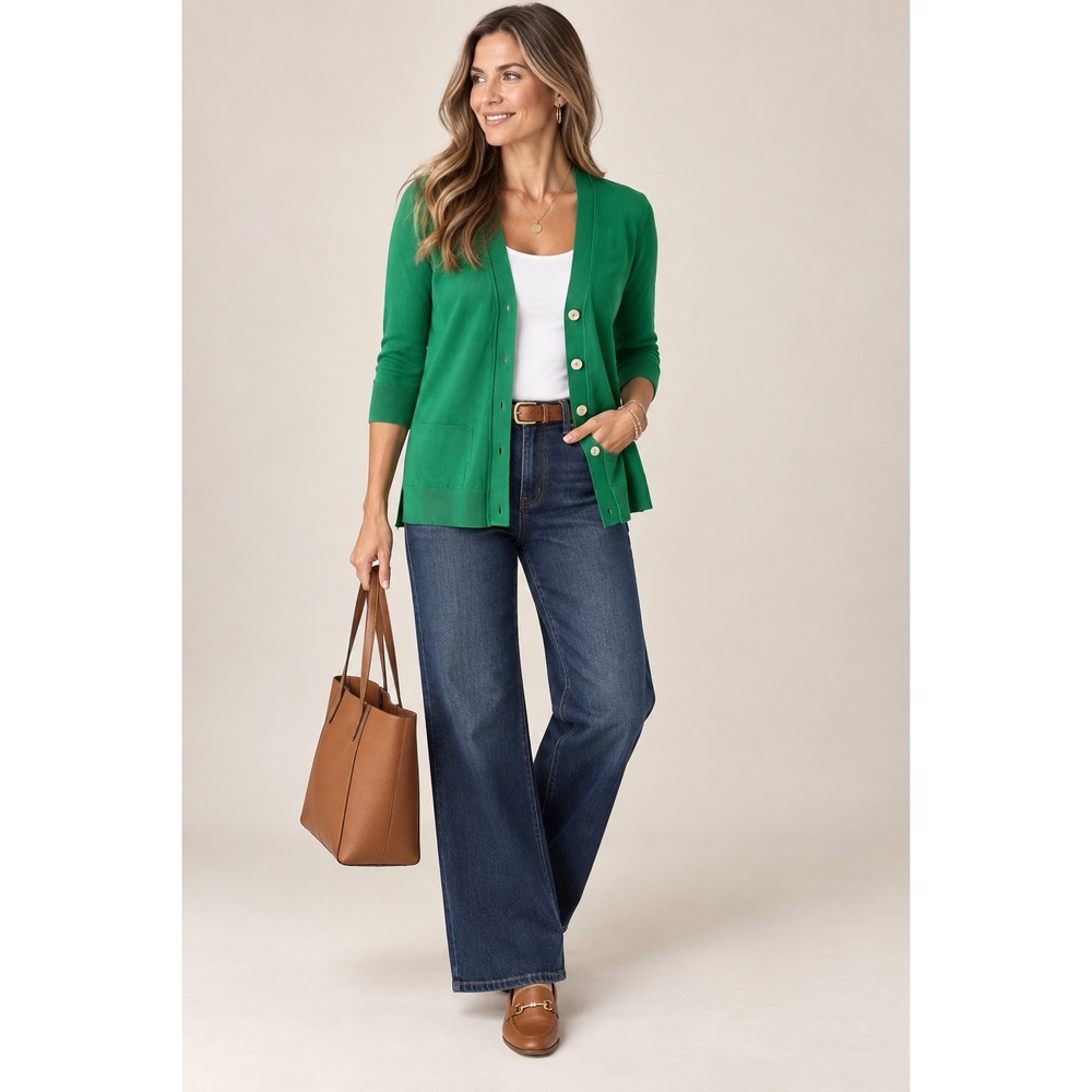 Chico's Cardigan Size 2 L Green Cotton Blend Button Front 3/4 Sleeve